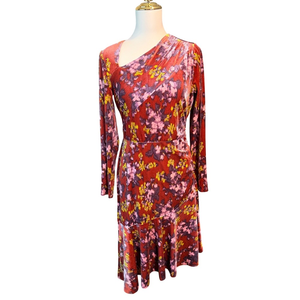 London Times Size 6 Rust Floral Velvet Asymmetric Neck Long Sleeve Flounce Dress